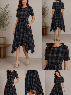 Elle Black Plaid Handkerchief Hem Dress with Tie Waist